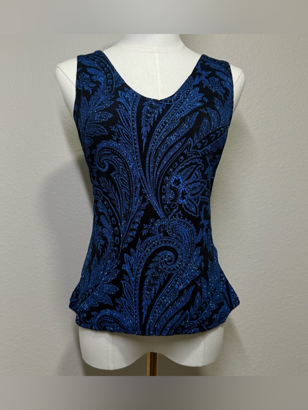 Y2K Onyx Nite Blue Glitter Paisley V-Neck Top Party Girl